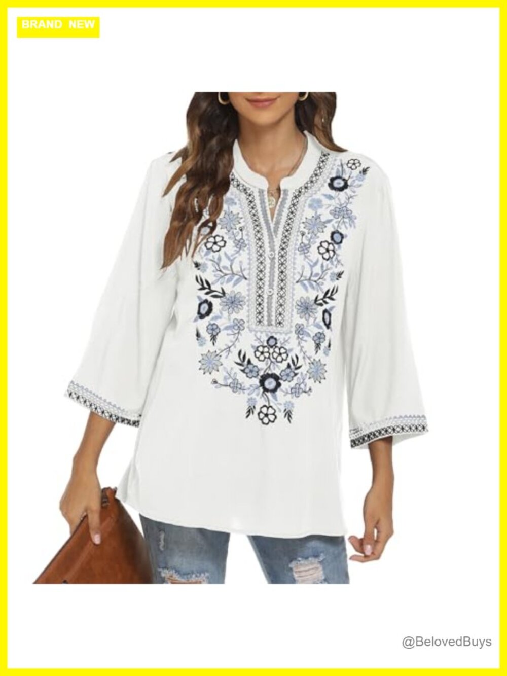 Mexican Embroidered Peasant Tunic Top Floral 3/4 Sleeve V-Neck Blouse
